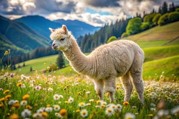 Adorable fluffy alpaca with soft fur grazes peacefully in a vibrant green meadow surrounded by lush flowers and serene countryside landscape scenery.