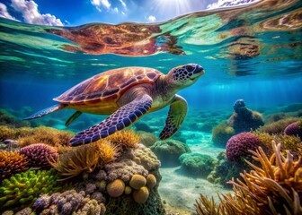 A serene slow-moving turtle glides effortlessly through clear turquoise waters surrounded by vibrant coral and seaweed in a lush underwater paradise.