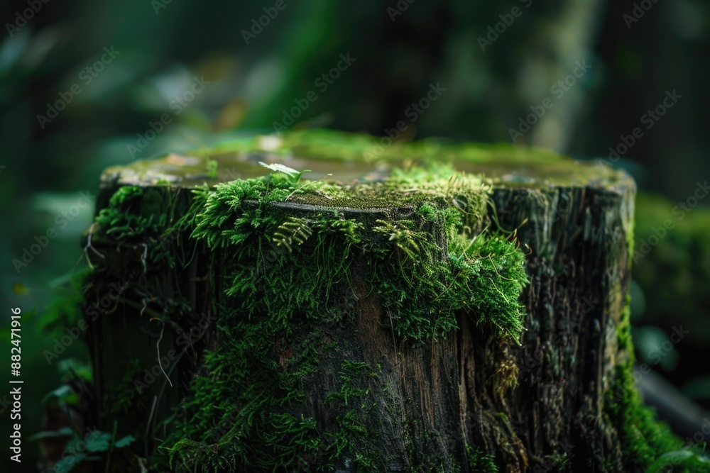 Poster a close-up view of a tree stump covered in lush green moss