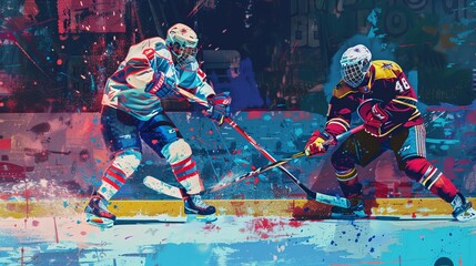 Two hockey players engage in a competitive face-off on the ice, showcasing intensity and rivalry, depicted through bold colors and abstract art style.