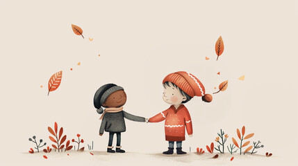 Two little boys playing outside in autumn, poster for International Friendship Day