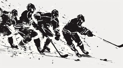 Monochromatic abstract art featuring four hockey players in action, capturing the energy and motion of the game in a striking black and white stylized composition.