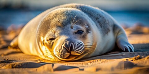 Adorable baby seal curls up on a warm sandy beach, its soft fur glistening in the sunlight, as it takes a peaceful afternoon nap alone.