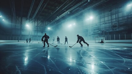 A group of hockey players in action, skating on the ice rink during practice or a game, captured in a dimly lit ambiance enhancing the intensity of the sport.