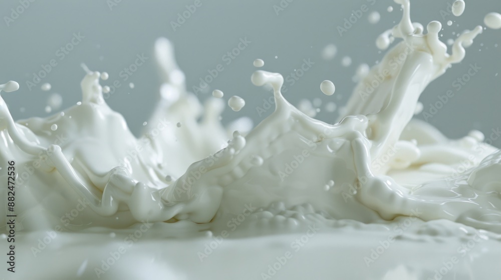 Poster a close-up view of a milk splash on a surface