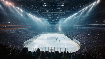 A bustling ice hockey arena filled with enthusiastic fans, watching an intense game, captured from high above, showcasing the vibrant atmosphere and dynamic lighting.