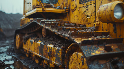 Close-up of muddy tracks on a yellow construction vehicle, emphasizing ruggedness and heavy-duty work in a construction site.