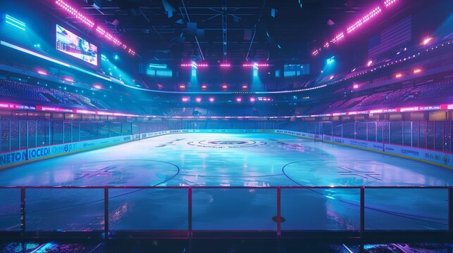 A frozen ice hockey rink with neon lights and modern architecture, setting a futuristic mood with vibrant colors and reflections, capturing the calm before the excitement of the game.