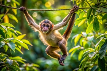 A curious monkey swings through trees, its agile movements a testament to its natural acrobatic abilities as it effortlessly navigates through lush green vines and branches.
