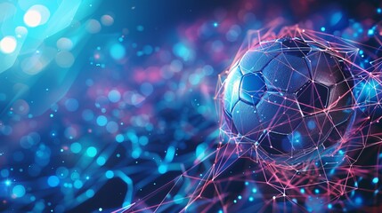 A futuristic soccer ball enveloped in dynamic, glowing network lines, representing the intersection of technology and sports in a vibrant, abstract style.