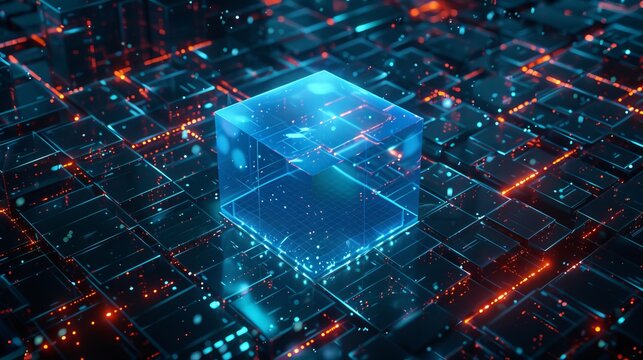 A futuristic blue cube sits in the middle of a digital grid, surrounded by glowing lights and intricate circuitry, representing advanced technology and innovative design.