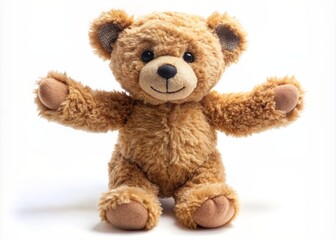 Obraz premium Adorable solo teddy bear stands upright, arms wide open and inviting, its endearing facial expression beckons for a warm and snug embrace in solitude.