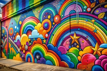 Vibrant graffiti wall with rainbow colors and bold shapes serves as a dynamic backdrop, evoking the nostalgia and playfulness of the retro '90s aesthetic.