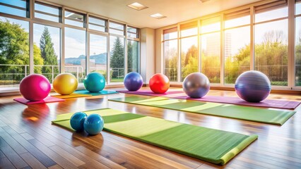 Colorful yoga mats and exercise balls arranged in a serene fitness studio with natural light, promoting wellness, relaxation, and active lifestyle.