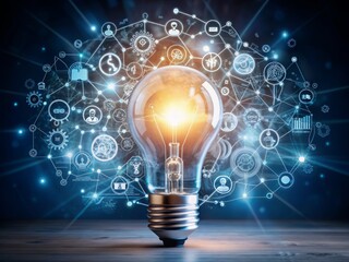 Illuminated light bulb surrounded by futuristic graphic icons and subtle glow, symbolizing innovative business planning, investment, and strategic growth in a modern digital landscape.