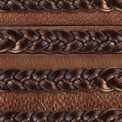 Obraz premium Seamless 4k photo texture photo of brown colored leather weave rope, belt material pattern on leather backdrop.