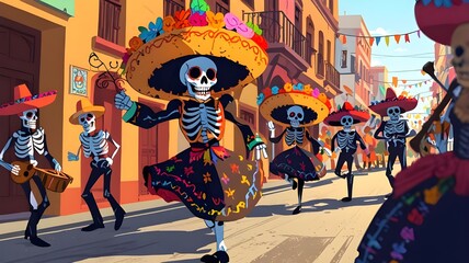 People celebrate the Day of the Dead at a Mexican Halloween party with giant bone puppets dancing in the streets while musicians play. Illustration. Generative AI.