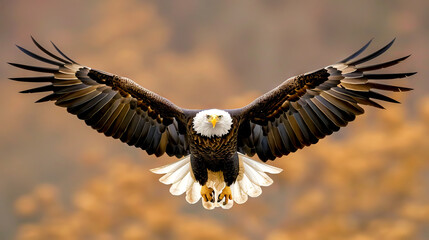 Bald eagle flying at the viewer with wings wide in flight, raptor feathers beak talons in full view, powerful soaring raptor