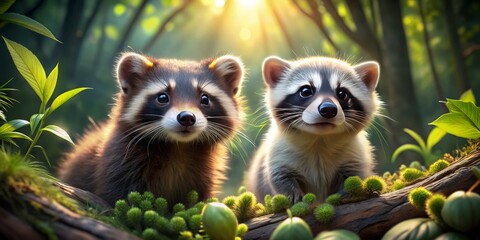 Obraz premium Adorable raccoon and ferret friends explore a lush forest, their curious eyes and twitching whiskers capturing the magic of their secret, sun-dappled world.