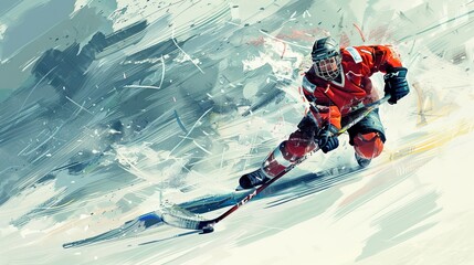 An action-packed image of a hockey player in a red jersey making a sharp turn on the ice, highlighting the agility and quick reflexes needed in the sport.