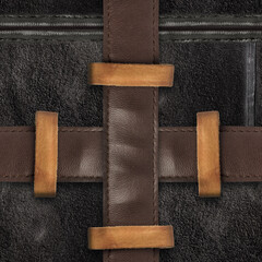 Seamless 4k photo texture photo of black colored suede leather material sewn together with leather strap mesh.