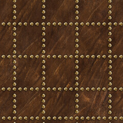 Seamless 4k photo texture photo of brown colored, worn and stained suede leather material with copper rivets ornament mesh.