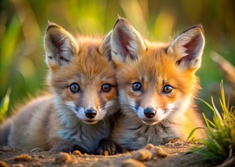 Two adorable baby red foxes snuggle up together, their fluffy fur and big round eyes capturing the essence of innocence and playful curious nature.