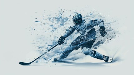 A stylized illustration of a hockey player executing a precise shot, with a cool blue color palette and artistic splashes enhancing the movement and action.