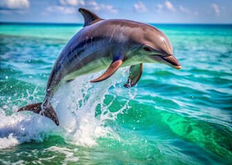 Fototapeta premium Adorable baby dolphin leaps out of turquoise ocean water, splashing droplets everywhere, its sleek gray body glistening in sunlight, carefree and full of joy.