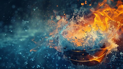Fototapeta premium A striking image of a hockey puck with a dramatic fire and water splash effect, showcasing the contrast and intensity of these elements in a visually appealing manner.
