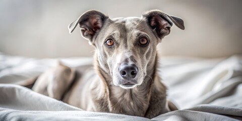 Adorable grey companion dog with sharp carnivore-like snout relaxes on crisp white linens, showcasing gentle nature and striking facial features in a serene atmosphere.