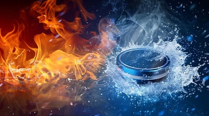 A dynamic and intense image capturing a hockey puck surrounded by blazing flames and splashing water. This artful contrast embodies energy, power, and elemental clash.