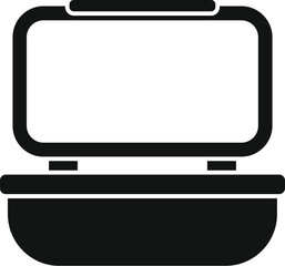 Black and white icon of an open lunchbox, ideal for illustrating concepts related to food, meals, or lunchtime