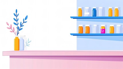 Minimalist kitchen counter with shelves and vases, perfect for product placement.