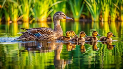 Obraz premium Adorable brood of tiny ducklings trail closely behind their mother, swimming in synchronized harmony across serene pond waters surrounded by lush greenery.