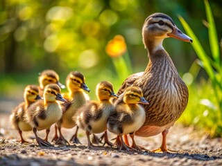 A trail of tiny, fluffy ducklings waddles in perfect sync behind their mother, their bright eyes and miniature webbed feet conveying innocent charm and family devotion.
