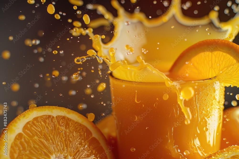 Poster a glass filled with freshly squeezed orange juice and a splash of liquid, perfect for a refreshing d