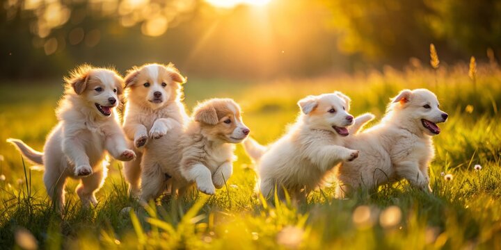 Adorable fluffy puppies frolic and tumble together in a sun-kissed meadow, their playful energy and friendship radiating joy and warmth in a serene natural setting.