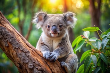 Young cute koala sitting on tree in wild nature, animal concept banner. Generative AI.