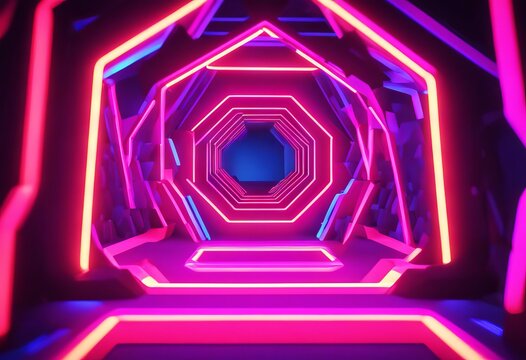 yellow abstract blue environment xagonal xagon colors vibrant neon portal ultraviolet tunnel futuristic lines render light frame laser show background pink space glowing spectrum 3d virtual reality co
