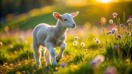 Fototapeta premium A playful white baby lamb frolics in a vibrant green meadow, basking in warm sunlight, surrounded by lush grass and colorful wildflowers.