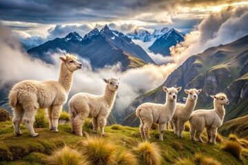 Fototapeta premium Adorable baby alpacas with soft, fuzzy coats graze peacefully on a lush Andean mountain slope, surrounded by misty clouds and distant snow-capped peaks.