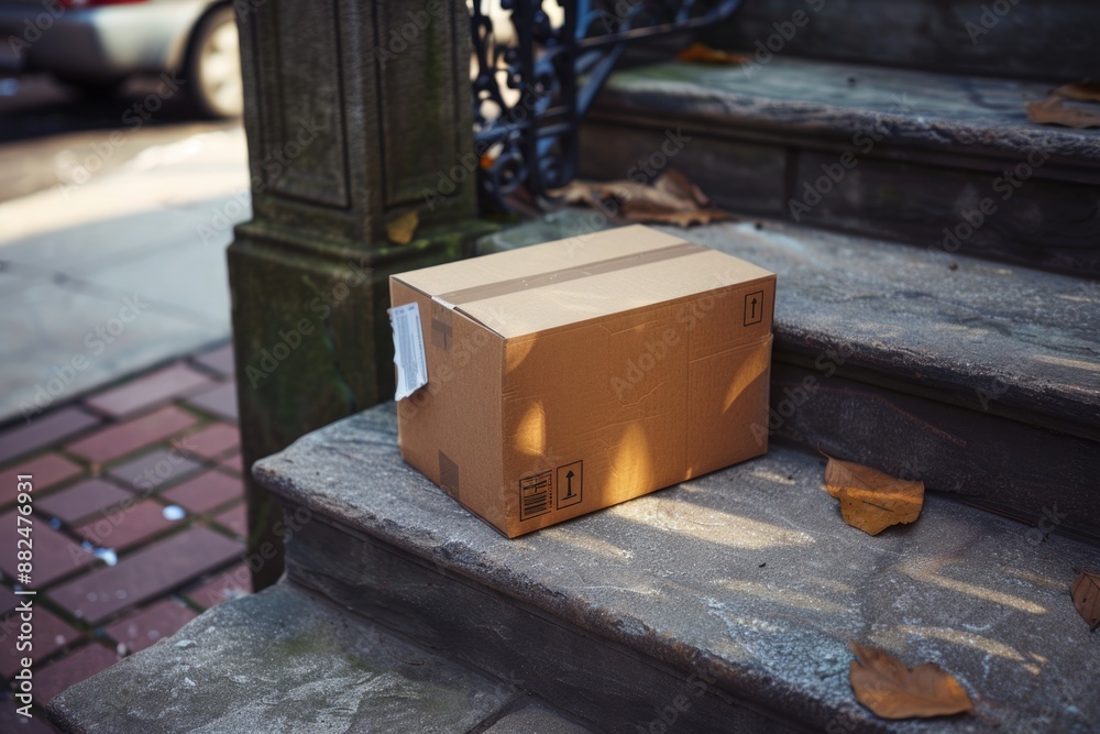 Poster a used cardboard box sits on the steps of a building, awaiting disposal or reuse