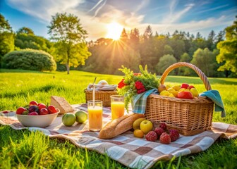 Colorful blanket spread on a lush green lawn surrounded by wicker basket, fresh fruits, cheese, and refreshing drinks, set against a serene sunny sky backdrop.