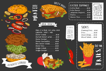 German Doner Kebab Hand drawn vector illustration. Making doner kebab and kebab ingredients. Fast food design elements. Restaurant cafe poster, menu template design.