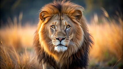 Fototapeta premium Regal male lion confidently strides forward, intense gaze fixed directly on the camera, majestic whiskers and shaggy mane framing his powerful feline features.