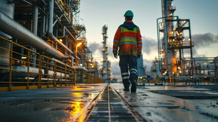 Naklejka premium An industrial worker in safety gear walks through an illuminated refinery at dusk, illustrating industry and energy production.
