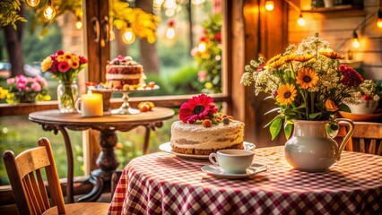 Cozy cafe setting with vintage decorations, tablecloth, flowers, and a delicious cake, evoking warmth and intimacy for a special milestone celebration.
