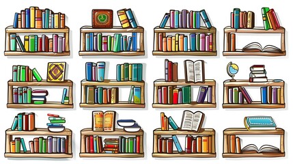 Graffiti stickers collection, isolated cartoon Bookshelf, white background, vector graphics in clip art style, generated AI