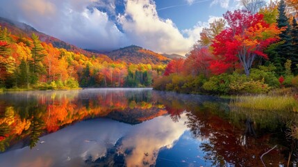 Fototapeta premium beautiful forest in autumn with yellow and orange trees with a blue sky